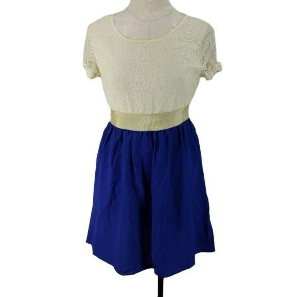 Esley Women's Blue White Block Colored Lace Sleeve Top Dress Size Small S‎